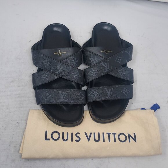Louis Vuitton LV Monogram Black Leather Slide Sandal - Picture 1 of 13